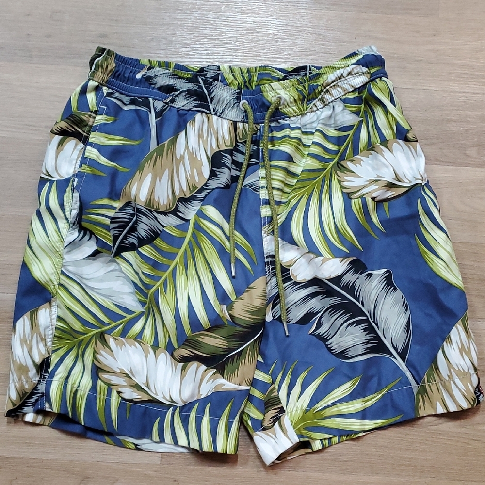 Tommy Bahama Blue and Green Swim Trunks with Tropical Leaf Pattern
